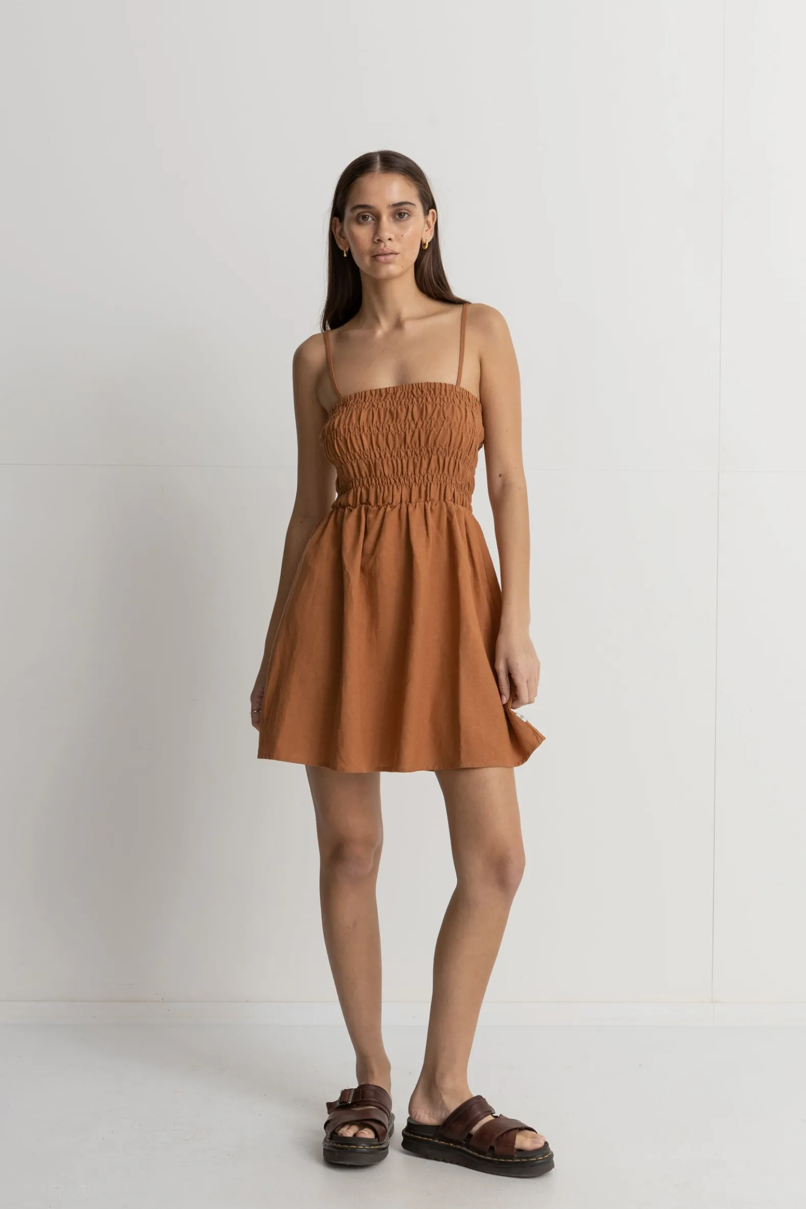 Classic Shirred Mini Dress Caramel